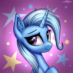 Size: 3000x3000 | Tagged: safe, artist:setharu, derpibooru import, trixie, pony, unicorn, abstract background, bust, cute, diatrixes, ear fluff, female, looking away, looking back, mare, missing accessory, portrait, raised hoof, signature, smiling, solo