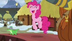 Size: 1280x720 | Tagged: safe, derpibooru import, screencap, gummy, pinkie pie, prince rutherford, alligator, earth pony, pony, yak, not asking for trouble, cute, diapinkes, duo focus, female, happy, hut, male, mare, yakyakistan