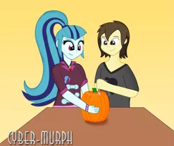 Size: 4025x3375 | Tagged: safe, artist:cyber-murph, derpibooru import, sonata dusk, oc, oc:silent mic, equestria girls, rainbow rocks, canon x oc, clothes, halloween, holiday, knife, ponytail, pumpkin, pumpkin carving, shipping, silenata