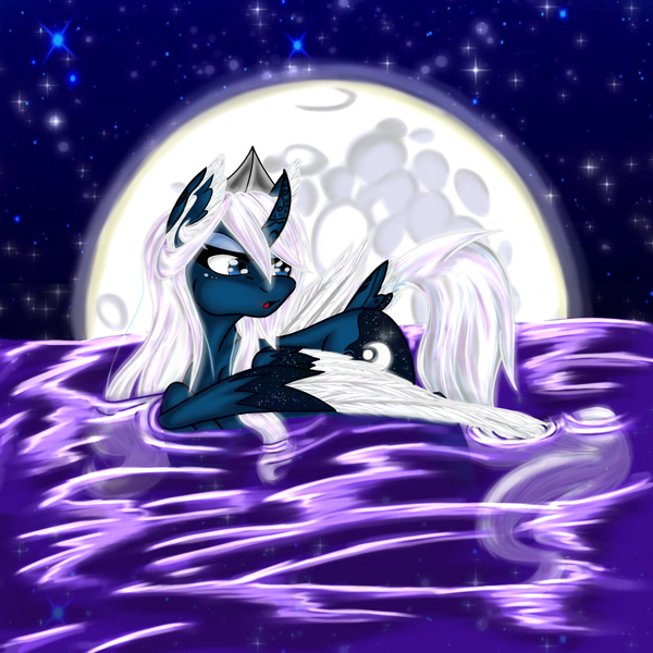 Size: 1460x1460 | Tagged: safe, artist:acespade777, derpibooru import, princess luna, alicorn, pony, alternate design, alternate universe, digital art, female, mare, mare in the moon, moon, night, solo, water