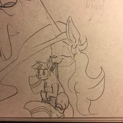 Size: 1280x1280 | Tagged: safe, artist:greyscaleart, derpibooru import, princess celestia, twilight sparkle, pony, behaving like a cat, eyes closed, female, filly, filly twilight sparkle, momlestia, monochrome, mouth hold, scruff, traditional art, younger