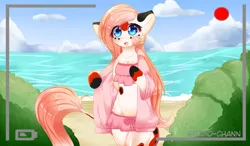 Size: 1000x583 | Tagged: suggestive, artist:little-sketches, derpibooru import, oc, oc:mizu, unofficial characters only, semi-anthro, unguligrade anthro, arm hooves, bikini, breasts, camera shot, clothes, cute, female, mare, recording, smiling, solo, solo female, swimsuit, water