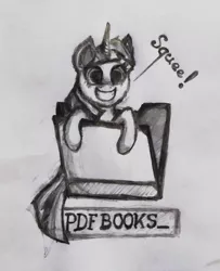 Size: 1836x2262 | Tagged: safe, artist:insanus.ad, derpibooru import, twilight sparkle, pony, big grin, book, computer, computer icon, cute, female, folder, grayscale, grin, looking at you, mare, monochrome, pdf, smiling, solo, squee, that pony sure does love books, traditional art, twiabetes
