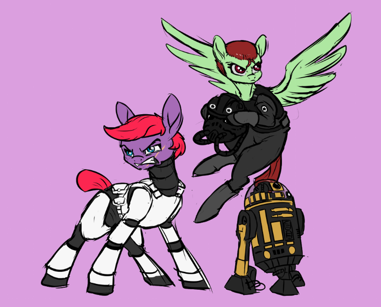 Size: 789x637 | Tagged: safe, artist:alorix, derpibooru import, oc, oc:moon shadow, oc:threaded needle, unofficial characters only, pegasus, pony, robot, armor, droid, scar, star wars, stormtrooper, tie fighter pilot