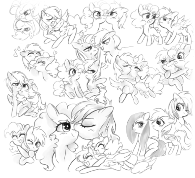 Size: 965x877 | Tagged: safe, artist:pinkablue, derpibooru import, pinkie pie, rainbow dash, earth pony, pegasus, pony, doodle, duo, female, grayscale, heart, hug, kissing, lesbian, mare, monochrome, pinkiedash, shipping, simple background, smiling, white background