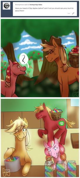 Size: 511x1137 | Tagged: apple, applejack, artist:cartoonponiesruinedme, big macintosh, derpibooru import, food, honeycrisp tales, jam, oc, oc:honeycrisp blossom, parent:big macintosh, parent:princess cadance, parents:cadmac, safe, zap apple, zap apple jam