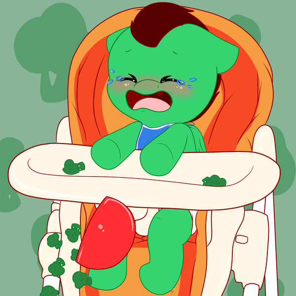 Size: 1280x1280 | Tagged: safe, artist:colby-hedgey, derpibooru import, oc, oc:northern haste, unofficial characters only, pony, baby, baby pony, broccoli, commission, crying, diaper, foal, food, highchair, solo, tantrum, ych result