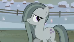 Size: 1280x720 | Tagged: safe, derpibooru import, screencap, marble pie, earth pony, pony, hearthbreakers, cute, female, looking away, mare, outdoors, raised hoof, shy, smiling, snow, solo, standing, winter