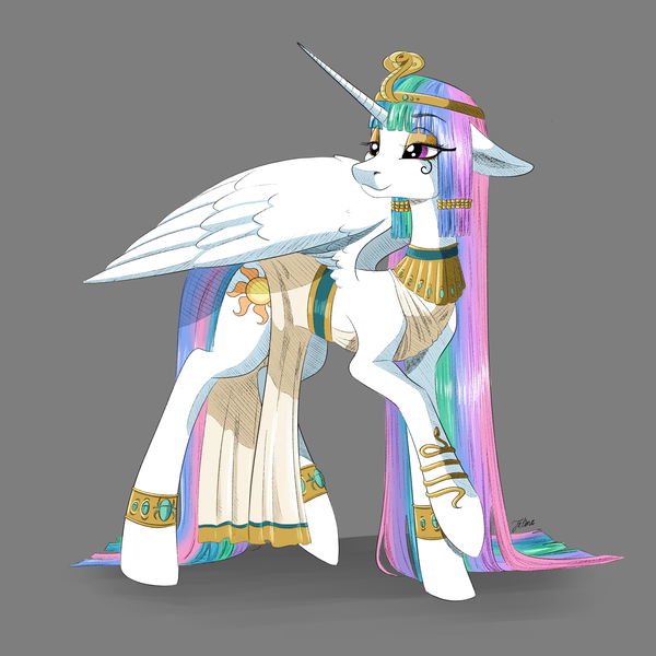 Size: 4093x4093 | Tagged: safe, artist:faline-art, derpibooru import, princess celestia, alicorn, pony, absurd resolution, cleopatra, clothes, costume, egyptian, female, gray background, jewelry, kalasiris, makeup, mare, nightmare night costume, ra celestia, regalia, simple background, solo, uraeus