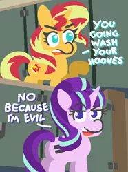 Size: 506x681 | Tagged: artist:threetwotwo32232, comic, dc comics, derpibooru import, dialogue, doctor polaris, equal cutie mark, grammar error, justice league unlimited, lex luthor, parody, public toilet, pure unfiltered evil, safe, starlight glimmer, sunset shimmer, the flash, toilet