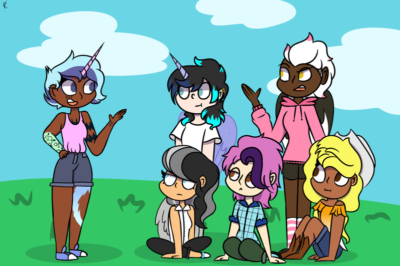Size: 8267x5511 | Tagged: absurd resolution, alicorn humanization, artist:rainelathepegasus00, boots, clothes, converse, cowboy boots, dark skin, derpibooru import, ear piercing, earring, female, hoodie, horned humanization, human, humanized, humanized oc, jeans, jewelry, oc, oc:drizzle cloud, oc:flora boldbash, oc:maggie pie, oc:moonshine twinkle, oc:orangejack, oc:tammy spears, pants, piercing, safe, shoes, shorts, socks, striped socks, tattoo, unofficial characters only, winged humanization