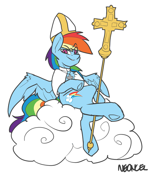 Size: 1713x2000 | Tagged: safe, alternate version, artist:neoncel, derpibooru import, rainbow dash, pegasus, pony, chest fluff, female, joke, mare, pope, raised eyebrow, simple background, solo, spread wings, underhoof, white background, wings