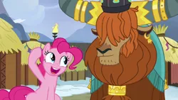 Size: 1280x720 | Tagged: safe, derpibooru import, screencap, pinkie pie, prince rutherford, earth pony, pony, yak, not asking for trouble, crown, duo, ear piercing, earring, female, horn ring, hut, jewelry, male, mare, piercing, regalia