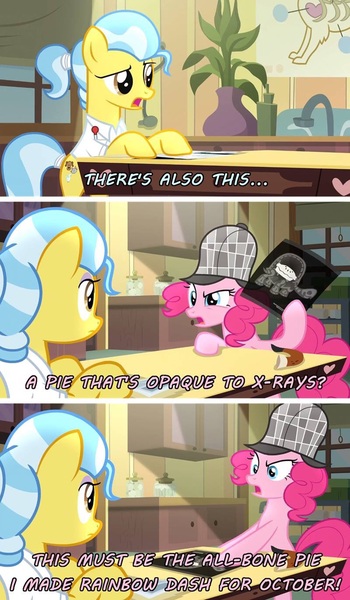 Size: 800x1373 | Tagged: comic, derpibooru import, doctor fauna, food, pie, pinkie pie, radiograph, safe, screencap comic, secrets and pies, tank, x-ray, x-ray picture