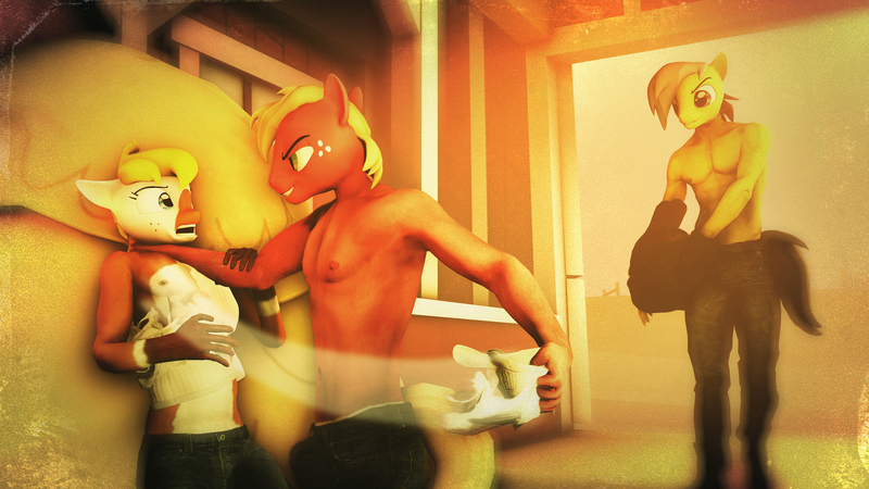 Size: 3840x2160 | Tagged: 3d, anthro, armpits, artist:willitfit, barn, big macintosh, blonde, choker, clothes, derpibooru import, fear, force, freckles, gay, grabbing, imminent rape, imminent sex, jeans, male, maledom, malesub, no escape, oc, oc:khaos sparkz, pants, pinto, plantigrade anthro, questionable, quibble pants, ripping clothes, scared, source filmmaker, stripping, submissive, sweet apple acres, undressing