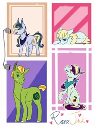 Size: 1536x2048 | Tagged: safe, artist:artfestation, derpibooru import, oc, oc:acapella apple, oc:allegra, oc:green crisp, oc:pristine melody, unofficial characters only, earth pony, pony, kindverse, magical lesbian spawn, offspring, parent:applejack, parent:coloratura, parents:rarajack