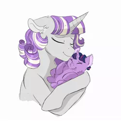 Size: 2000x2000 | Tagged: dead source, safe, artist:scarletskitty12, derpibooru import, twilight sparkle, twilight velvet, pony, unicorn, baby, baby pony, babylight sparkle, cute, eyes closed, female, floppy ears, fluffy, foal, holding a pony, loving mother, mama velvet, mare, mother and daughter, motherly, motherly love, simple background, smiling, twiabetes, white background
