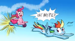 Size: 1180x645 | Tagged: artist:pheeph, chase, derpibooru import, eat my pie, food, missile, pie, pinkie pie, rainbow dash, safe, secrets and pies, sky, smoke trail, that pony sure does love pies