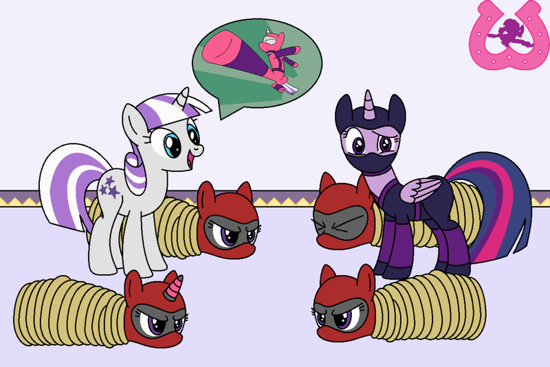 Size: 1024x683 | Tagged: safe, artist:author92, derpibooru import, twilight sparkle, twilight sparkle (alicorn), twilight velvet, alicorn, unicorn, series:siege of canterlot, alternate costumes, bondage, brightly colored ninjas, confused, horn ring, kunoichi, magic suppression, masks, ninja, rope, rope bondage, speech bubble