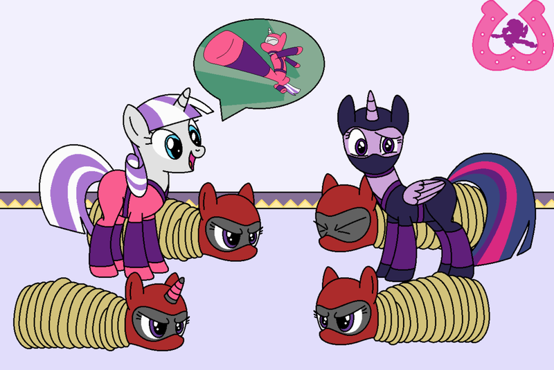 Size: 1024x683 | Tagged: safe, artist:author92, derpibooru import, twilight sparkle, twilight sparkle (alicorn), twilight velvet, alicorn, unicorn, series:siege of canterlot, alternate costumes, bondage, brightly colored ninjas, confused, horn ring, kunoichi, magic suppression, mask, ninja, raised eyebrow, rope, speech bubble