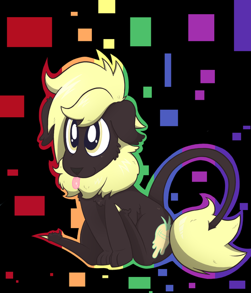 Size: 1361x1589 | Tagged: safe, artist:dragonpone, derpibooru import, oc, oc:cash, unofficial characters only, dog pony, hybrid, original species, cheek fluff, chest fluff, colored hooves, ear fluff, floppy ears, fluffy, leonine tail, male, neck fluff, sitting, smiling, solo, tongue out, unshorn fetlocks