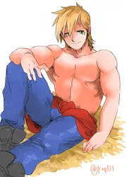 Size: 816x1134 | Tagged: artist:kogarasumaru24, bare chest, big macintosh, clothes, derpibooru import, human, humanized, male, partial nudity, solo, solo male, suggestive, topless