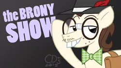 Size: 1920x1080 | Tagged: safe, artist:coaldustthestrange, derpibooru import, gizmo, earth pony, pony, acne, bowtie, bucktooth, facial hair, glasses, gray background, hat, male, saddle bag, simple background, solo, stallion, the brony show, trilby