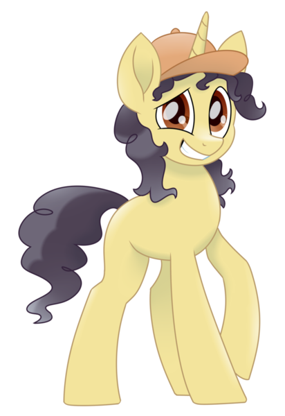 Size: 741x1079 | Tagged: safe, artist:aegann, derpibooru import, oc, oc:curly fries, unofficial characters only, pony, awkward smile, baseball cap, cap, hat, male, movie accurate, raffle prize, simple background, solo, stallion, transparent background