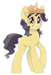 Size: 741x1079 | Tagged: safe, artist:aegann, derpibooru import, oc, oc:curly fries, unofficial characters only, pony, awkward smile, baseball cap, cap, hat, male, movie accurate, raffle prize, simple background, solo, stallion, transparent background