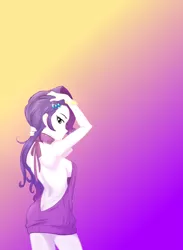 Size: 800x1093 | Tagged: suggestive, artist:ponez-always, artist:ta-na, derpibooru import, edit, rarity, equestria girls, backless, bedroom eyes, bottomless, bracelet, braless, breasts, buttcrack, clothes, female, gradient background, hand on head, jewelry, looking at you, looking back, looking back at you, no panties, open-back sweater, partial nudity, sideboob, sleeveless sweater, solo, solo female, sweater, virgin killer sweater