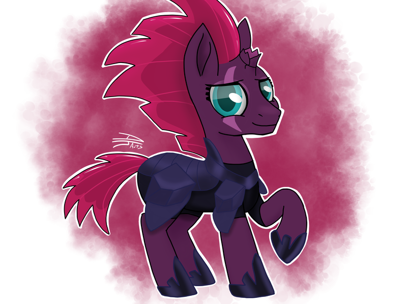 Size: 3048x2280 | Tagged: safe, artist:deejayarts, derpibooru import, tempest shadow, pony, unicorn, my little pony: the movie, armor, broken horn, female, mare, raised hoof, simple background, solo