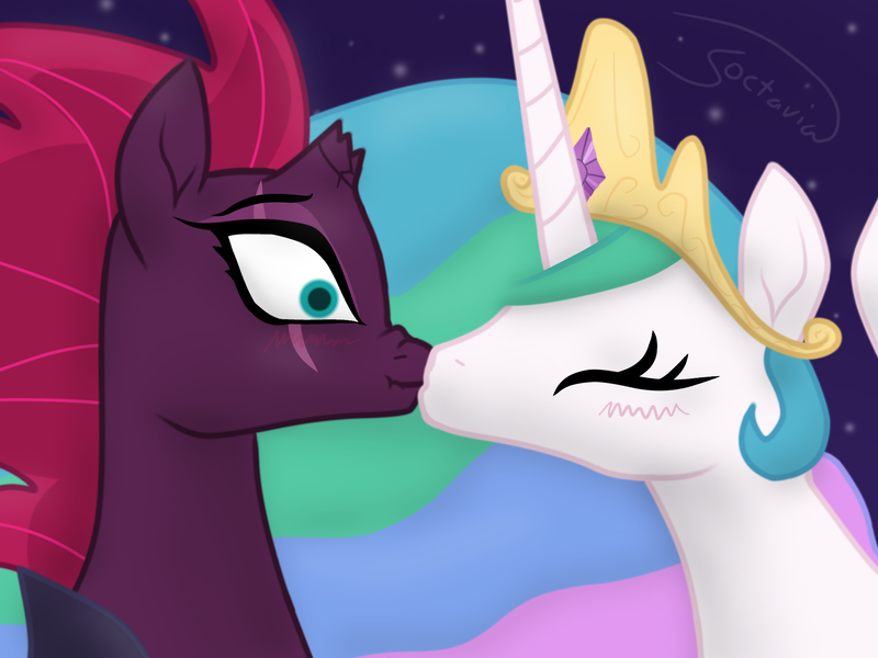 Size: 2000x1500 | Tagged: safe, artist:soctavia, derpibooru import, fizzlepop berrytwist, princess celestia, tempest shadow, alicorn, unicorn, my little pony: the movie, blushing, broken horn, crown, female, jewelry, kissing, lesbian, regalia, shipping, simple background, surprise kiss, surprised, tempestia