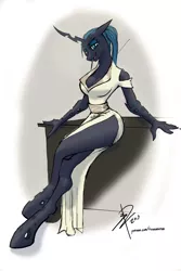Size: 2000x3000 | Tagged: suggestive, artist:threewontoo, derpibooru import, queen chrysalis, anthro, changeling, changeling queen, unguligrade anthro, alternate hairstyle, breasts, busty queen chrysalis, clothes, dress, female, looking at you, simple background, sitting, smiling, solo, solo female