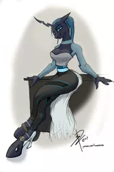 Size: 2000x3000 | Tagged: suggestive, artist:threewontoo, derpibooru import, queen chrysalis, anthro, changeling, changeling queen, unguligrade anthro, alternate hairstyle, breasts, busty queen chrysalis, cleavage, clothes, female, looking at you, midriff, simple background, sitting, smiling, solo, solo female