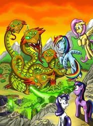 Size: 2490x3360 | Tagged: angry, artist:kh0nan, derpibooru import, destruction, fluttershy, forest, hydra, mountain, multiple heads, rainbow dash, rarity, safe, scenery, town, twilight sparkle