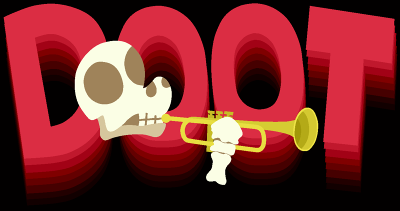 Size: 1316x694 | Tagged: 2spooky, artist:threetwotwo32232, black background, bone, derpibooru import, doot, hoof hold, musical instrument, parody, safe, simple background, skeleton, skeleton pony, skull, solo, trumpet