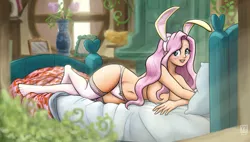 Size: 2000x1133 | Tagged: adorasexy, artist:king-kakapo, bed, bedroom, belly button, big breasts, blanket, blushing, breasts, bunny ears, busty fluttershy, cleavage, clothes, cute, derpibooru import, draw me like one of your french girls, feet, female, fluttershy, fluttershy's cottage, frilly underwear, godiva hair, human, humanized, implied nudity, lingerie, lying down, nudity, panties, partial nudity, pillow, pink underwear, playboy, playboy bunny, ribbon, sexy, shyabetes, smiling, solo, solo female, stockings, strategically covered, suggestive, thigh highs, topless, underwear, update, white underwear