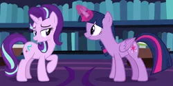 Size: 1160x580 | Tagged: safe, derpibooru import, edit, edited screencap, screencap, starlight glimmer, twilight sparkle, twilight sparkle (alicorn), alicorn, pony, fame and misfortune, book, cropped, duckface, duo, duo female, female, frown, looking at each other, magic, raised hoof, sassy, table, twilight's castle, twilight's castle library, wide eyes
