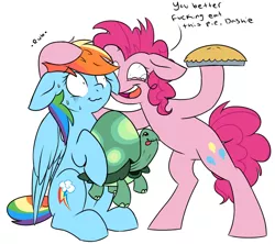 Size: 4748x4213 | Tagged: safe, artist:chub-wub, derpibooru import, pinkie pie, rainbow dash, tank, earth pony, pegasus, pony, secrets and pies, absurd resolution, backwards cutie mark, bloodshot eyes, crazy face, dialogue, eat my pie, faic, female, floppy ears, food, mare, messy mane, nervous, pie, simple background, sweat, this will end in pain, vulgar, white background