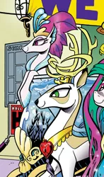 Size: 456x775 | Tagged: artist:andypriceart, deer, derpibooru import, idw, king, king aspen, my little pony: the movie, princess celestia, queen, queen novo, safe, seapony (g4), spoiler:comic61