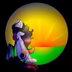 Size: 2035x2018 | Tagged: safe, artist:creadorachan, derpibooru import, oc, oc:evening eclipse, unofficial characters only, bat pony, pony, female, high res, mare, sitting, solo, sunrise