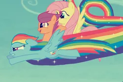 Size: 1624x1086 | Tagged: safe, artist:dsfranch, derpibooru import, fluttershy, rainbow dash, scootaloo, pony, flying, rainbow trail, scootalove