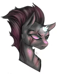 Size: 1500x2000 | Tagged: safe, artist:thegoodowl, derpibooru import, tempest shadow, pony, unicorn, my little pony: the movie, broken horn, bust, eye scar, frown, magic, portrait, scar, scowl, simple background, solo, sparking horn, sparks, white background