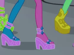 Size: 2048x1536 | Tagged: safe, derpibooru import, screencap, applejack, fluttershy, rarity, butterfly, equestria girls, rainbow rocks, apple, clothes, food, legs, pictures of legs, platform shoes, shoes
