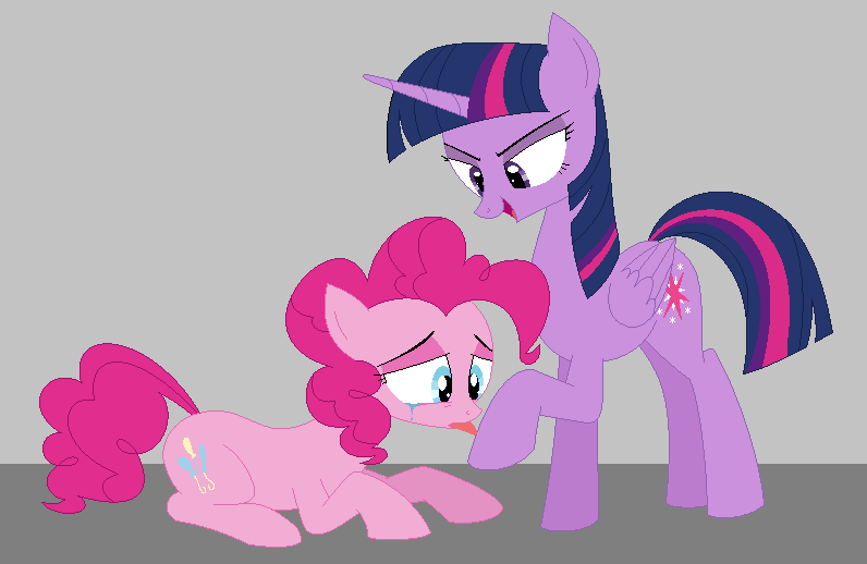 Size: 796x518 | Tagged: safe, artist:hyolark, derpibooru import, pinkie pie, twilight sparkle, twilight sparkle (alicorn), alicorn, crying, domination, fetish, hoof fetish, hoof worship, licking, pure unfiltered evil, sad, tongue out, twidom, tyrant sparkle, you monster