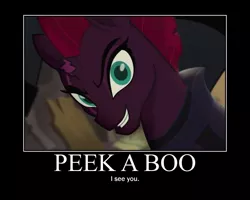 Size: 750x600 | Tagged: bronybait, cute, derpibooru import, edit, edited screencap, evil grin, grin, happy, motivational poster, my little pony: the movie, peekaboo, pretty pretty tempest, safe, screencap, silly little ponies, smiling, smirk, solo, tempestbetes, tempest shadow