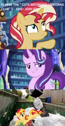 Size: 880x1688 | Tagged: safe, derpibooru import, edit, edited screencap, screencap, starlight glimmer, sunset shimmer, equestria girls, mirror magic, spoiler:eqg specials, abuse, drama, drama bait, into the trash it goes, shimmerbuse, starlight glimmer is best pony, sunset shimmer's trash can, trash