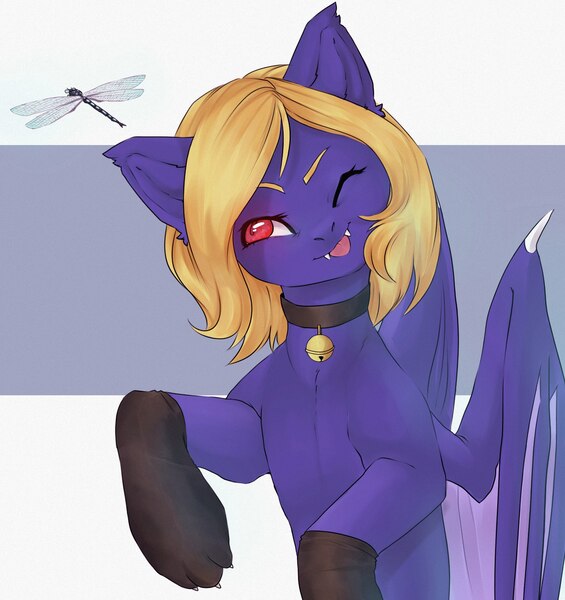 Size: 1600x1700 | Tagged: source needed, useless source url, safe, artist:sguschenkasan, derpibooru import, oc, oc:butter cream, unofficial characters only, bat pony, dragonfly, :p, bell, bell collar, cat paws, cat socks, collar, cute, fangs, one eye closed, solo, tongue out, wink