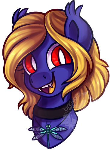 Size: 366x500 | Tagged: safe, artist:breioom, derpibooru import, oc, oc:butter cream, unofficial characters only, bat pony, dragonfly, bat pony oc, bust, fangs, happy, jewelry, looking at you, pendant, portrait, red eyes, simple background, smiling, solo, transparent background