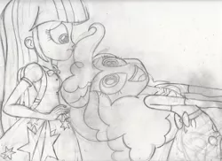 Size: 3496x2552 | Tagged: safe, artist:redfern05, derpibooru import, pinkie pie, twilight sparkle, equestria girls, high res, monochrome, traditional art